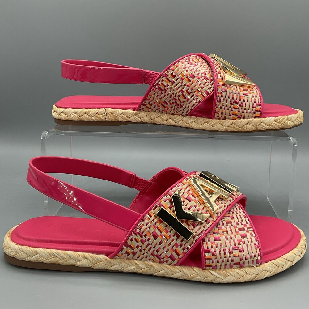 Karl Lagerfeld Hot Pink Woven Espadrille Slide Sandals with Gold Logo